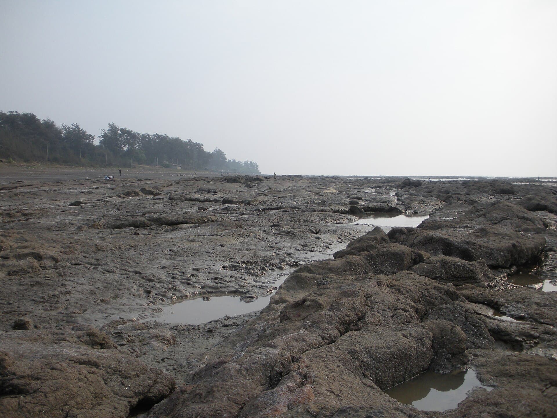 Rocky shore of Devka Beach at low tide, Daman
