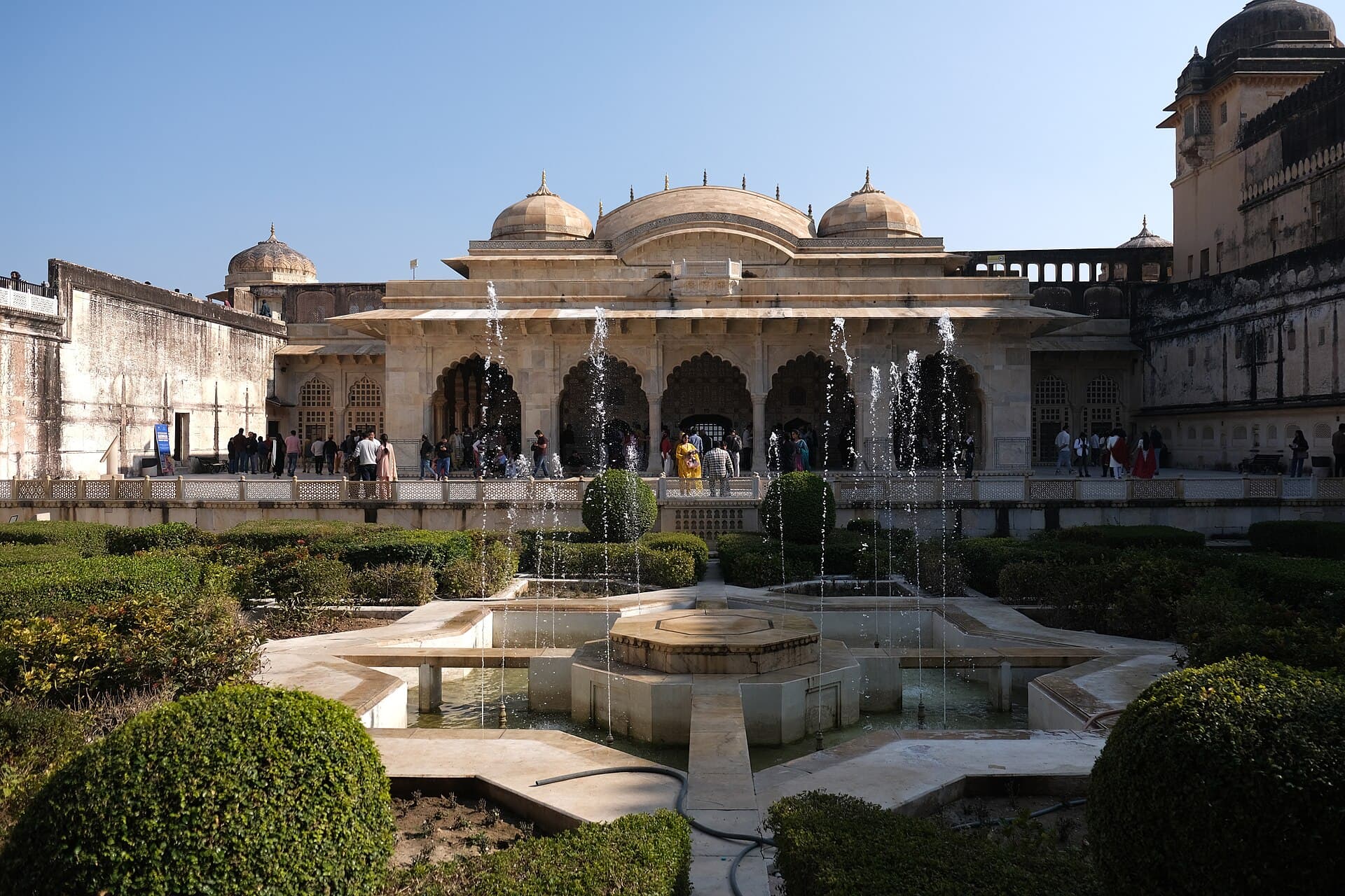 The Mughal garden court with fountains inside Amer Fort