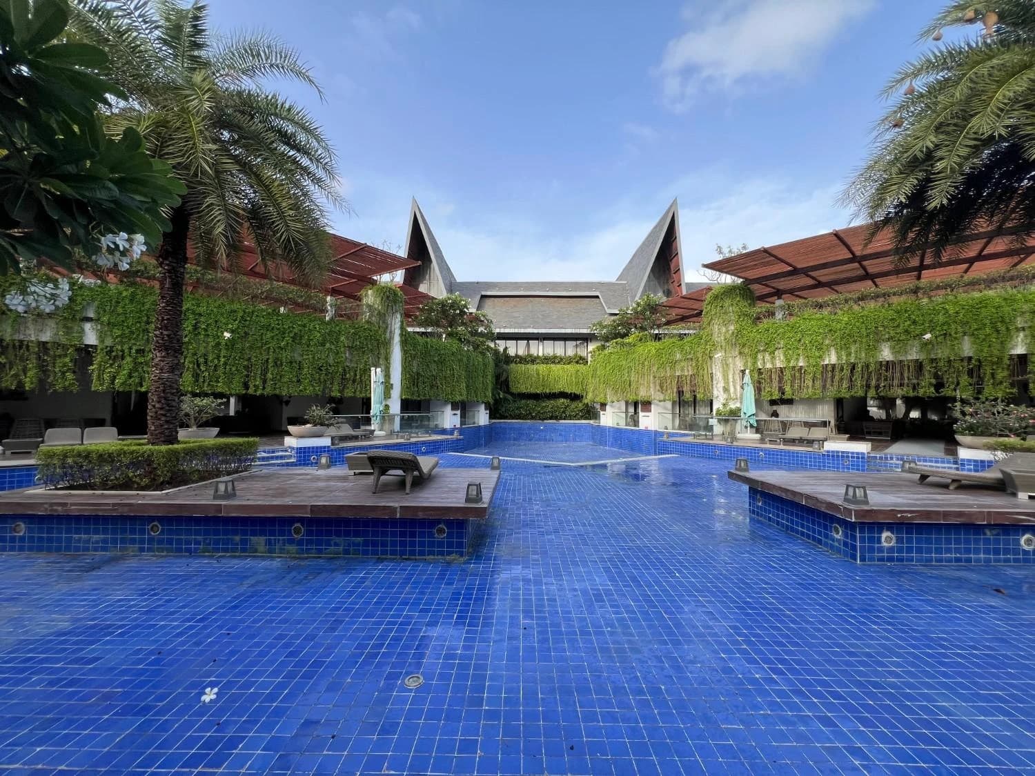 Large swimming pool lined with palm trees at a farmhouse near Surat